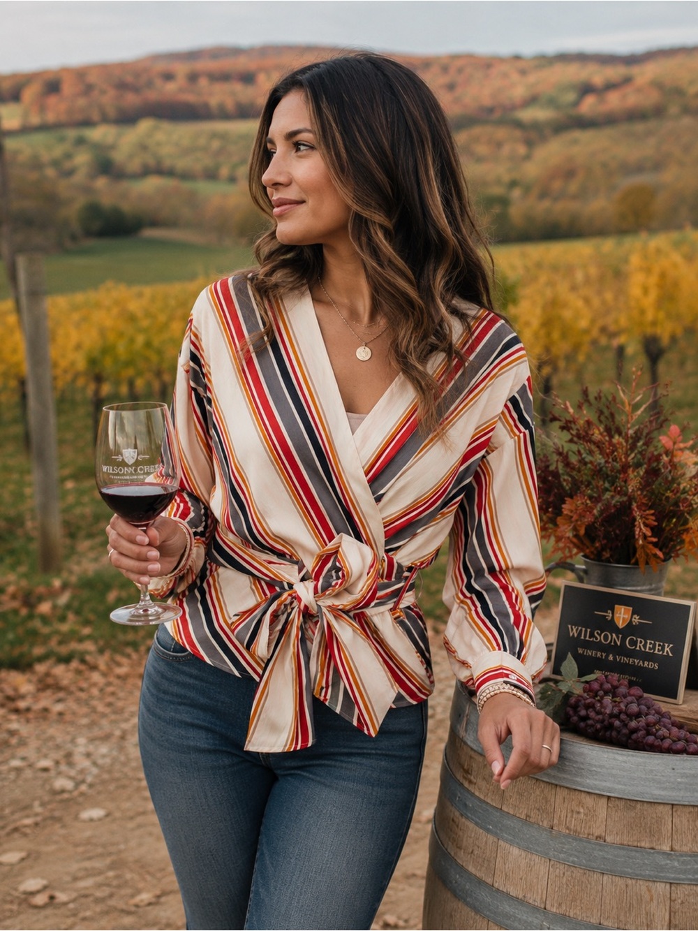 Derek Heart Striped Wrap Blouse Women's M Tie Waist Long Sleeve Top